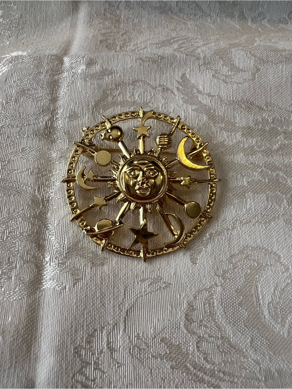 Gold Celestial Sun & Moon Brooch with Planets